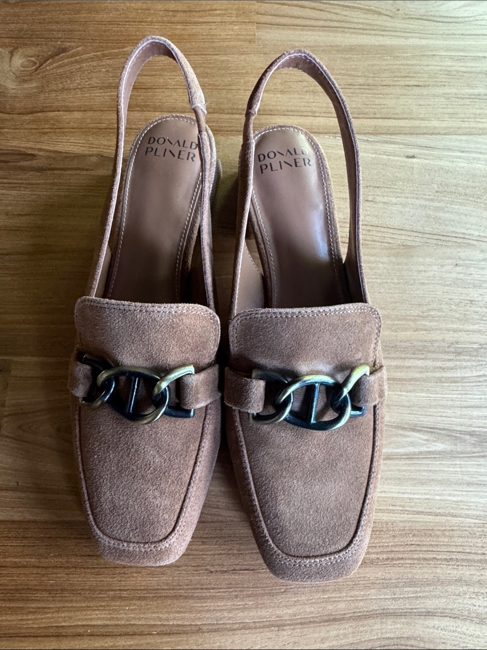 Donald J. Pliner Tan Suede Slingback Loafers with Metal Chain